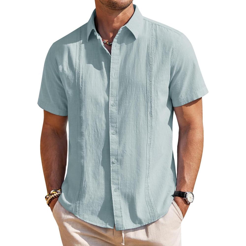 imageMens Linen Shirts Short Sleeve Button Down Shirt Casual Cuban Guayabera Lightweight Summer Beach Solid TopsGrey Green