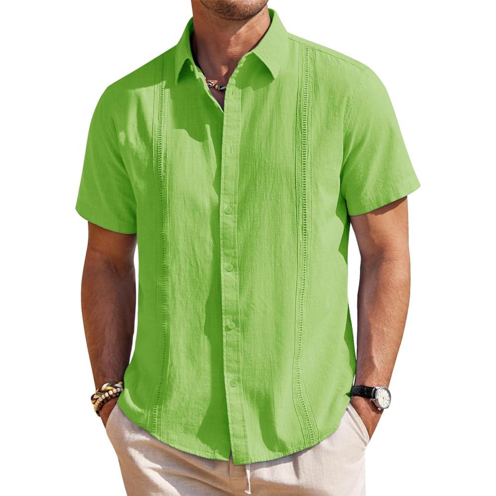 imageMens Linen Shirts Short Sleeve Button Down Shirt Casual Cuban Guayabera Lightweight Summer Beach Solid TopsLawn Green