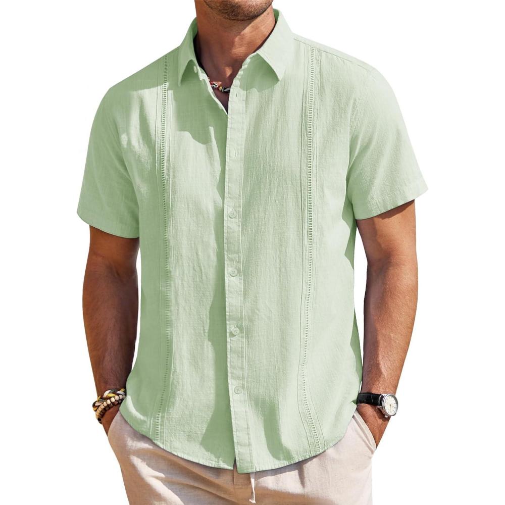 imageMens Linen Shirts Short Sleeve Button Down Shirt Casual Cuban Guayabera Lightweight Summer Beach Solid TopsLight Green