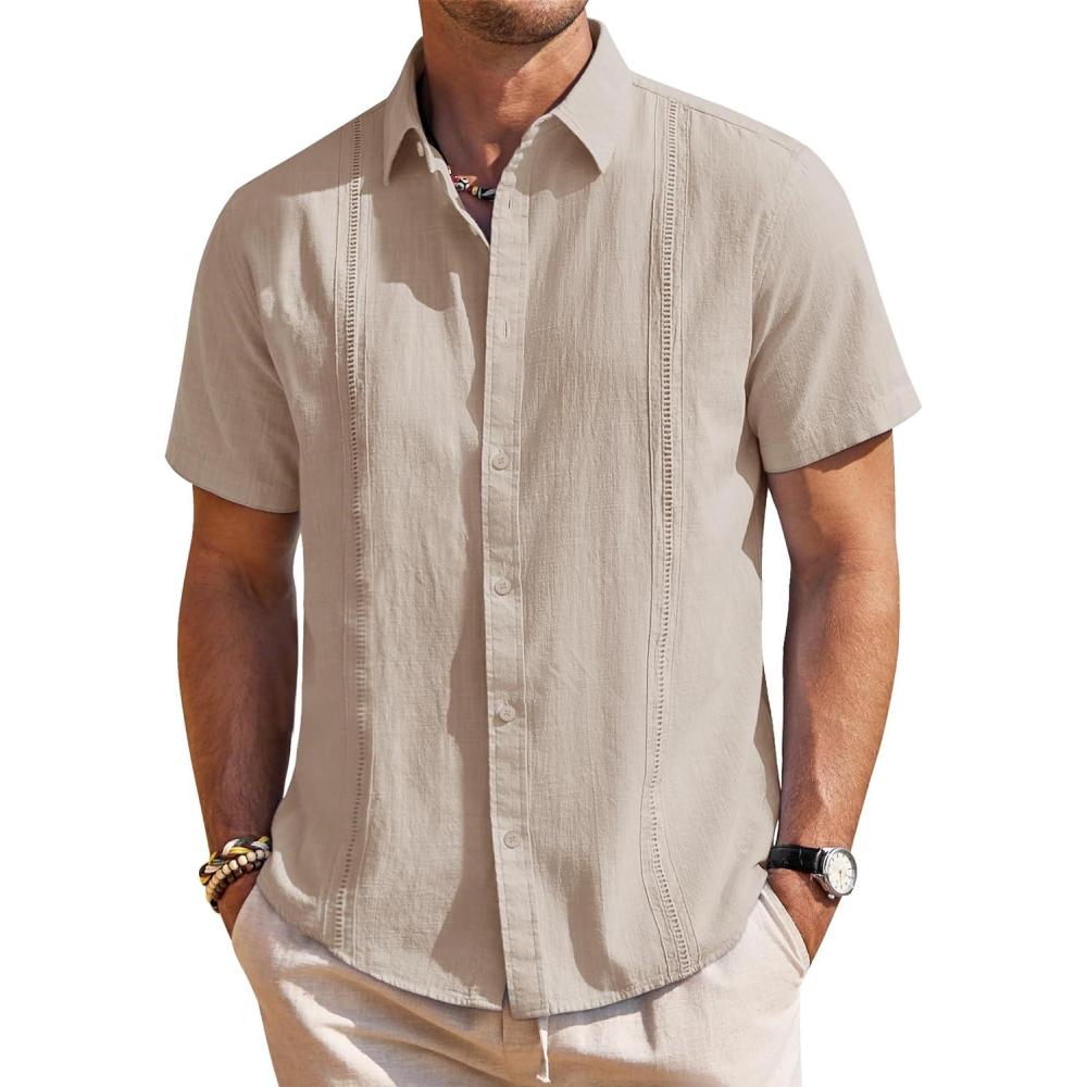 imageMens Linen Shirts Short Sleeve Button Down Shirt Casual Cuban Guayabera Lightweight Summer Beach Solid TopsLight Khaki