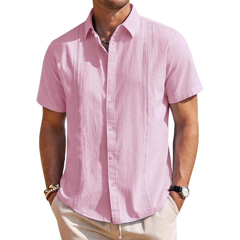 imageMens Linen Shirts Short Sleeve Button Down Shirt Casual Cuban Guayabera Lightweight Summer Beach Solid TopsLight Pink