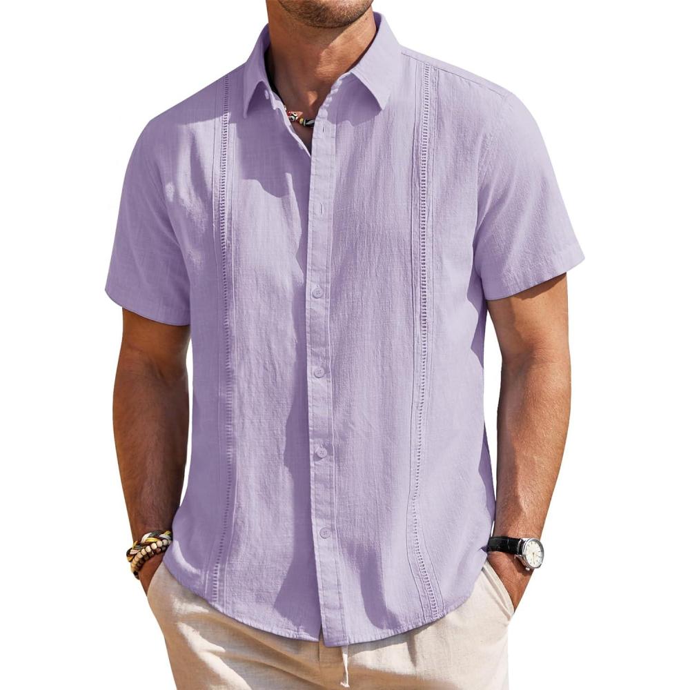 imageMens Linen Shirts Short Sleeve Button Down Shirt Casual Cuban Guayabera Lightweight Summer Beach Solid TopsLight Purple