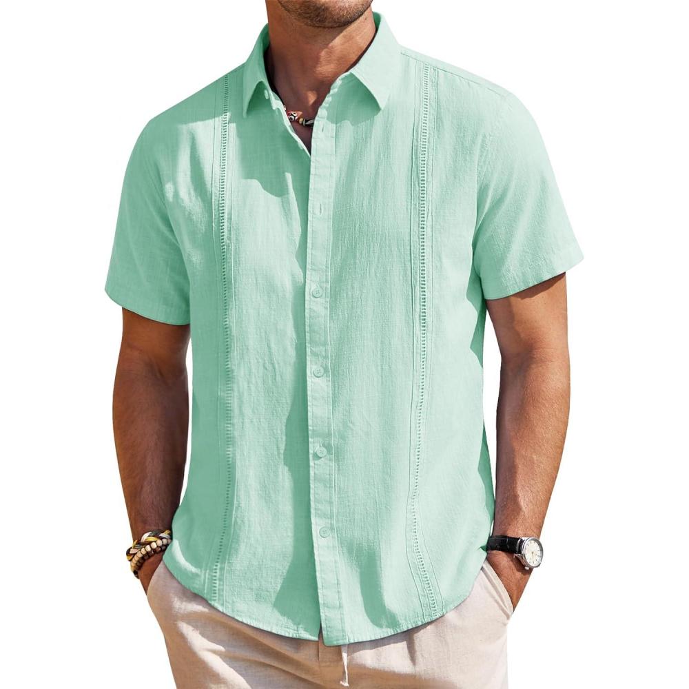 imageMens Linen Shirts Short Sleeve Button Down Shirt Casual Cuban Guayabera Lightweight Summer Beach Solid TopsMint Green