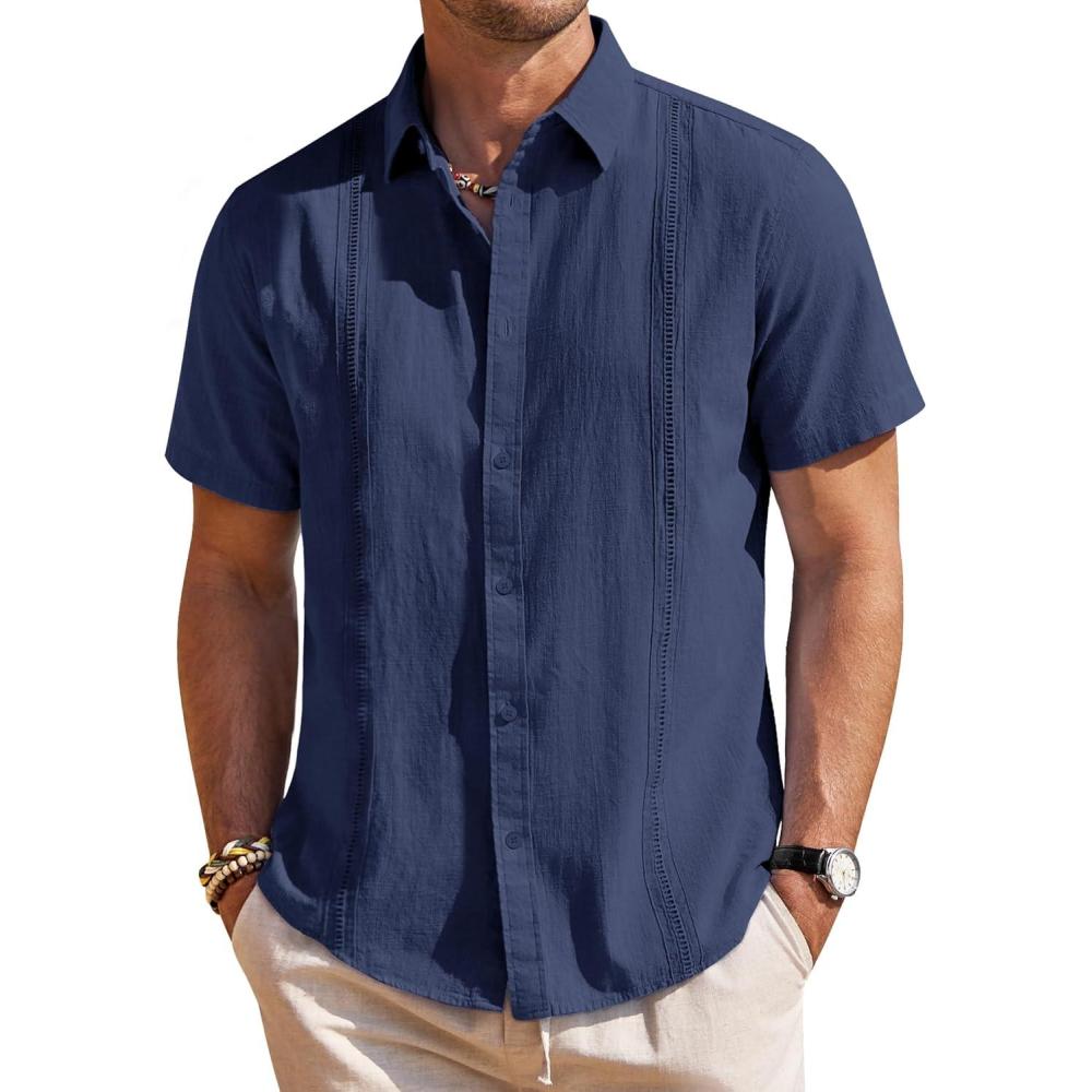 imageMens Linen Shirts Short Sleeve Button Down Shirt Casual Cuban Guayabera Lightweight Summer Beach Solid TopsNavy Blue