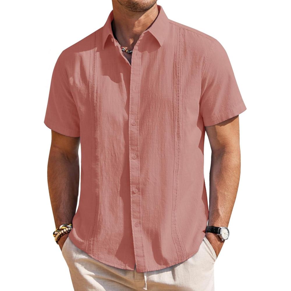 imageMens Linen Shirts Short Sleeve Button Down Shirt Casual Cuban Guayabera Lightweight Summer Beach Solid TopsPeach