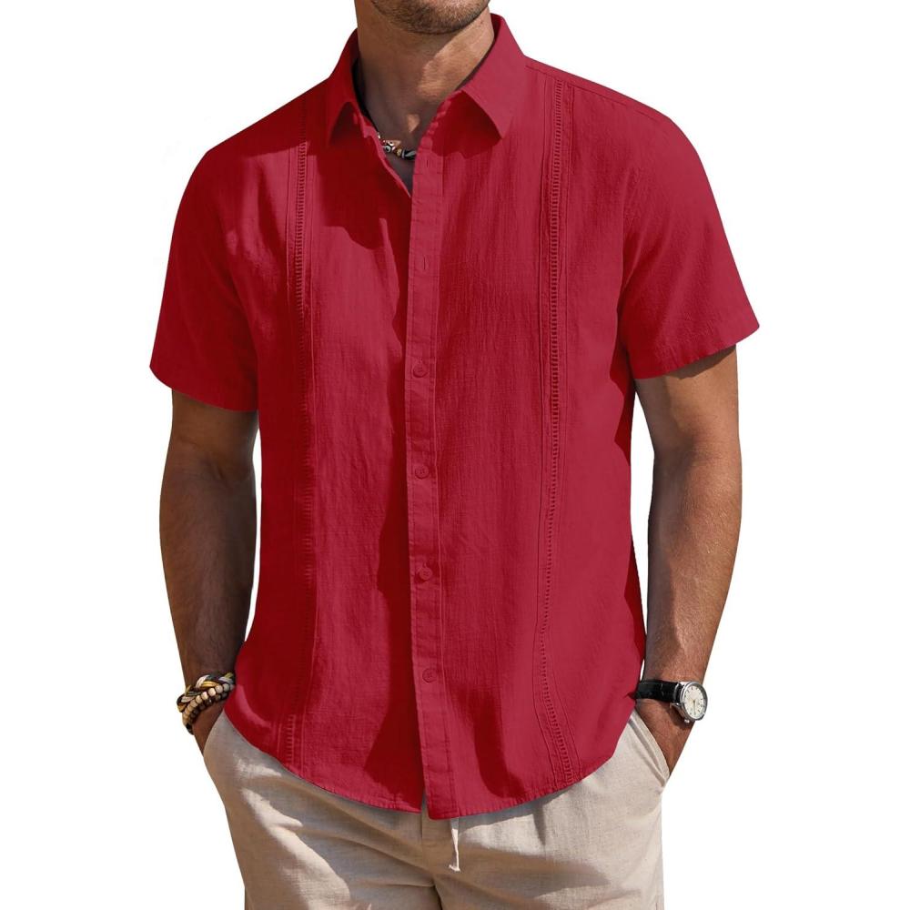 imageMens Linen Shirts Short Sleeve Button Down Shirt Casual Cuban Guayabera Lightweight Summer Beach Solid TopsRed