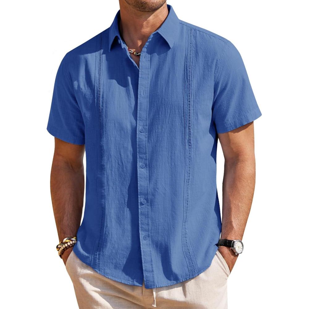 imageMens Linen Shirts Short Sleeve Button Down Shirt Casual Cuban Guayabera Lightweight Summer Beach Solid TopsRoyal Blue