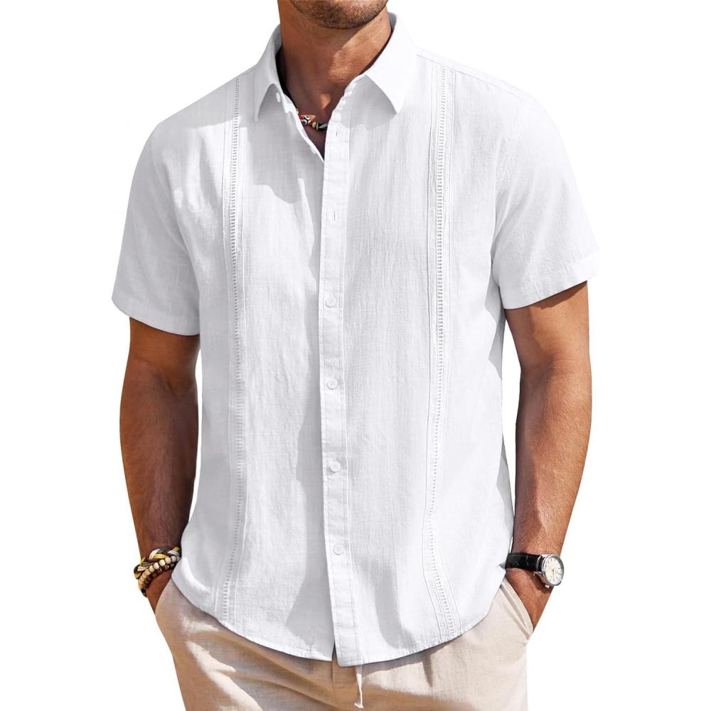 imageMens Linen Shirts Short Sleeve Button Down Shirt Casual Cuban Guayabera Lightweight Summer Beach Solid TopsWhite
