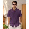 Mens Linen Shirts Short Sleeve Button Down Shirt Casual Cuban Guayabera Lightweight Summer Beach Solid Tops(Dark Purple)
