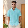 Mens Linen Shirts Short Sleeve Button Down Shirt Casual Cuban Guayabera Lightweight Summer Beach Solid Tops(Fluorescent Blue)