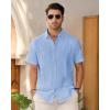 Mens Linen Shirts Short Sleeve Button Down Shirt Casual Cuban Guayabera Lightweight Summer Beach Solid Tops(Light Blue)