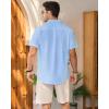 Mens Linen Shirts Short Sleeve Button Down Shirt Casual Cuban Guayabera Lightweight Summer Beach Solid Tops(Light Blue)