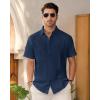 Mens Linen Shirts Short Sleeve Button Down Shirt Casual Cuban Guayabera Lightweight Summer Beach Solid Tops(Navy Blue)