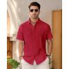 Mens Linen Shirts Short Sleeve Button Down Shirt Casual Cuban Guayabera Lightweight Summer Beach Solid Tops(Red)