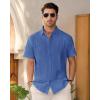Mens Linen Shirts Short Sleeve Button Down Shirt Casual Cuban Guayabera Lightweight Summer Beach Solid Tops(Royal Blue)
