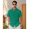 Mens Linen Shirts Short Sleeve Button Down Shirt Casual Cuban Guayabera Lightweight Summer Beach Solid Tops(Teal)