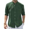 J.VER Men’s Cotton Linen Long Sleeve Shirts Casual Button Down Banded Collar Shirt Beach Summer Tops with Pocket(Army Green)