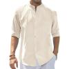 J.VER Men’s Cotton Linen Long Sleeve Shirts Casual Button Down Banded Collar Shirt Beach Summer Tops with Pocket(Beige)