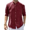 J.VER Men’s Cotton Linen Long Sleeve Shirts Casual Button Down Banded Collar Shirt Beach Summer Tops with Pocket(Burgundy)