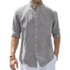 J.VER Men’s Cotton Linen Long Sleeve Shirts Casual Button Down Banded Collar Shirt Beach Summer Tops with Pocket(Dark Grey)