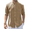 J.VER Men’s Cotton Linen Long Sleeve Shirts Casual Button Down Banded Collar Shirt Beach Summer Tops with Pocket(Dark Khaki)