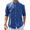 J.VER Men’s Cotton Linen Long Sleeve Shirts Casual Button Down Banded Collar Shirt Beach Summer Tops with Pocket(Denim Blue)
