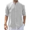 J.VER Men’s Cotton Linen Long Sleeve Shirts Casual Button Down Banded Collar Shirt Beach Summer Tops with Pocket(Grey)