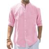 J.VER Men’s Cotton Linen Long Sleeve Shirts Casual Button Down Banded Collar Shirt Beach Summer Tops with Pocket(Light Pink)