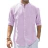 J.VER Men’s Cotton Linen Long Sleeve Shirts Casual Button Down Banded Collar Shirt Beach Summer Tops with Pocket(Light Purple)