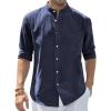 J.VER Men’s Cotton Linen Long Sleeve Shirts Casual Button Down Banded Collar Shirt Beach Summer Tops with Pocket(Navy Blue)