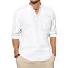 J.VER Men’s Linen Roll Up Long Sleeve Shirt Cotton Casual Beach Shirts Henley T-Shirt Band Collar Vacation Tops with Pocket(A-white)