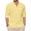 J.VER Men’s Linen Roll Up Long Sleeve Shirt Cotton Casual Beach Shirts Henley T-Shirt Band Collar Vacation Tops with Pocket(Light Yellow)