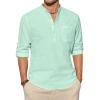 J.VER Men’s Linen Roll Up Long Sleeve Shirt Cotton Casual Beach Shirts Henley T-Shirt Band Collar Vacation Tops with Pocket(Mint Green)
