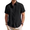 Mens Linen Shirts Short Sleeve Button Down Shirt Casual Cuban Guayabera Lightweight Summer Beach Solid Tops(Black)