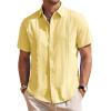 Mens Linen Shirts Short Sleeve Button Down Shirt Casual Cuban Guayabera Lightweight Summer Beach Solid Tops(Bright Yellow)