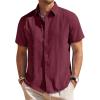 Mens Linen Shirts Short Sleeve Button Down Shirt Casual Cuban Guayabera Lightweight Summer Beach Solid Tops(Burgundy)