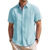 Mens Linen Shirts Short Sleeve Button Down Shirt Casual Cuban Guayabera Lightweight Summer Beach Solid Tops(Fluorescent Blue)