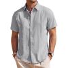 Mens Linen Shirts Short Sleeve Button Down Shirt Casual Cuban Guayabera Lightweight Summer Beach Solid Tops(Grey)