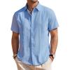 Mens Linen Shirts Short Sleeve Button Down Shirt Casual Cuban Guayabera Lightweight Summer Beach Solid Tops(Light Blue)
