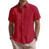 Mens Linen Shirts Short Sleeve Button Down Shirt Casual Cuban Guayabera Lightweight Summer Beach Solid Tops(Red)