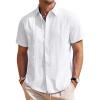 Mens Linen Shirts Short Sleeve Button Down Shirt Casual Cuban Guayabera Lightweight Summer Beach Solid Tops(White)