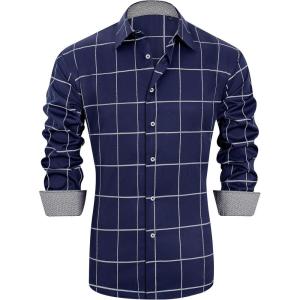 J.VER Men’s Plaid Printed Casual Button Down Shirts Wrinkle-Free Long Sleeve Dress Shirt Blue Large