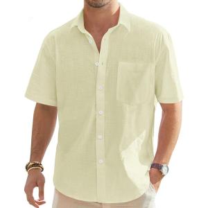 J.VER Men’s Linen Short Sleeve Shirts Cotton Casual Lightweight Button Down Shirt Beach Vacation Summer Tops with Pocket(Creamy Yellow)