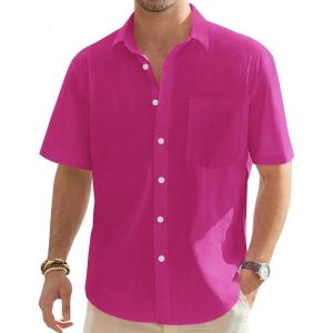 J.VER Men’s Linen Short Sleeve Shirts Cotton Casual Lightweight Button Down Shirt Beach Vacation Summer Tops with Pocket(Rose)