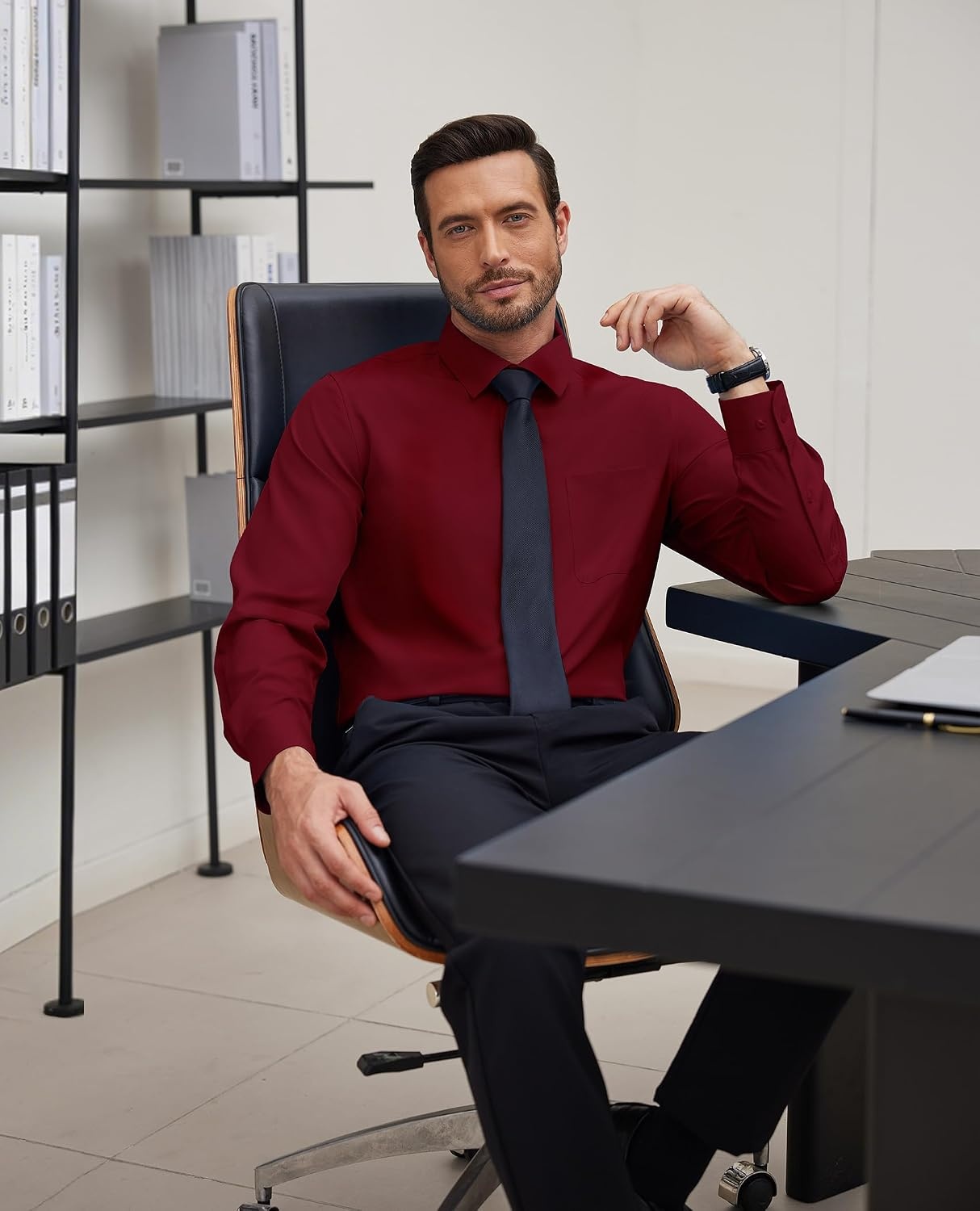 image:imageJVER Mens Dress Shirts Stretch Stain Shield Button Down Shirt Wrinkle Resistant Business Long Sleeve Shirt with PocketBurgundy