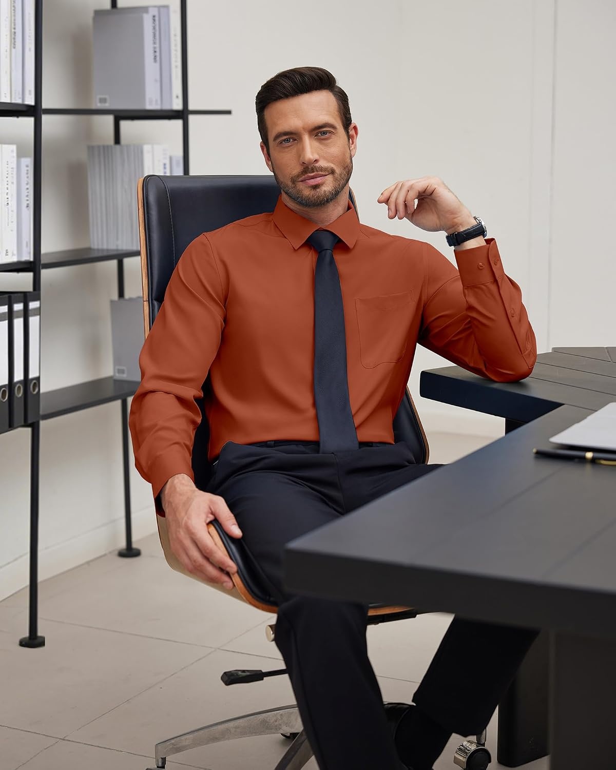 image:imageJVER Mens Dress Shirts Stretch Stain Shield Button Down Shirt Wrinkle Resistant Business Long Sleeve Shirt with PocketBurnt Orange