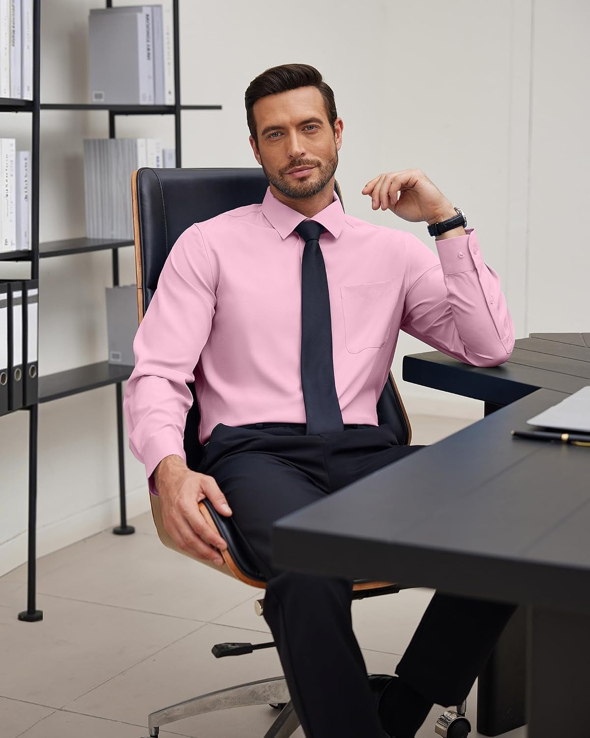 image:imageJVER Mens Dress Shirts Stretch Stain Shield Button Down Shirt Wrinkle Resistant Business Long Sleeve Shirt with PocketPink