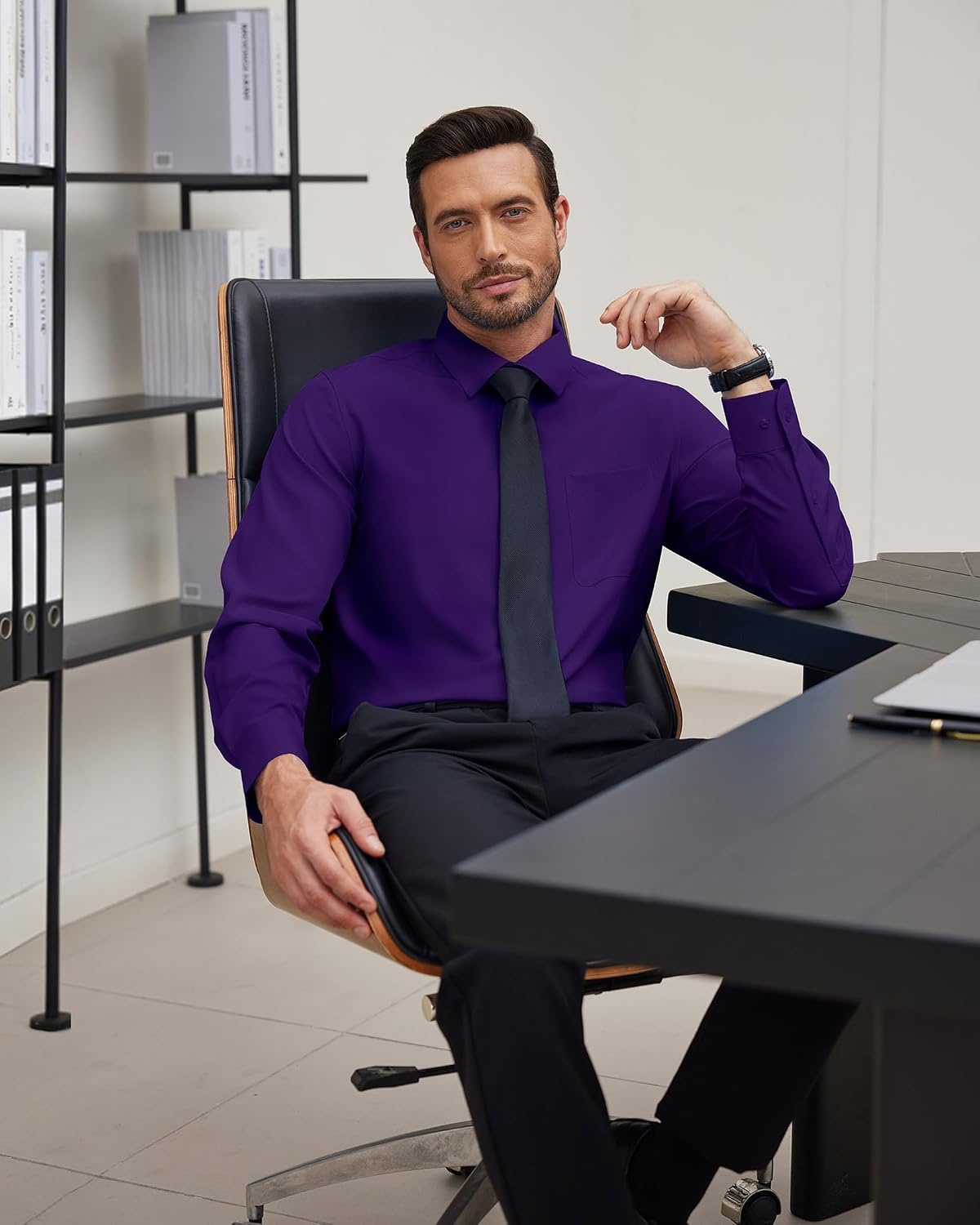 image:imageJVER Mens Dress Shirts Stretch Stain Shield Button Down Shirt Wrinkle Resistant Business Long Sleeve Shirt with PocketPurple