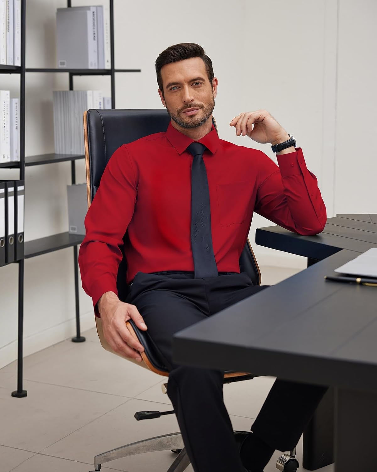 image:imageJVER Mens Dress Shirts Stretch Stain Shield Button Down Shirt Wrinkle Resistant Business Long Sleeve Shirt with PocketRed