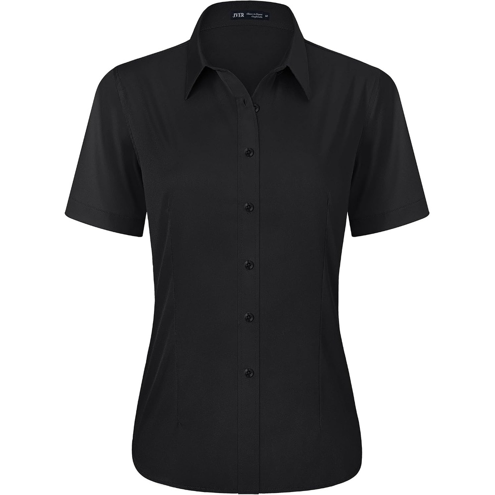 image:imageJVER Womens Button Down Shirt Stretch Short Sleeve Dress Shirt Work BlouseBlack